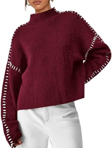 Oversized Mock Neck Sweater – Chunky Knit Whipstitch Trim