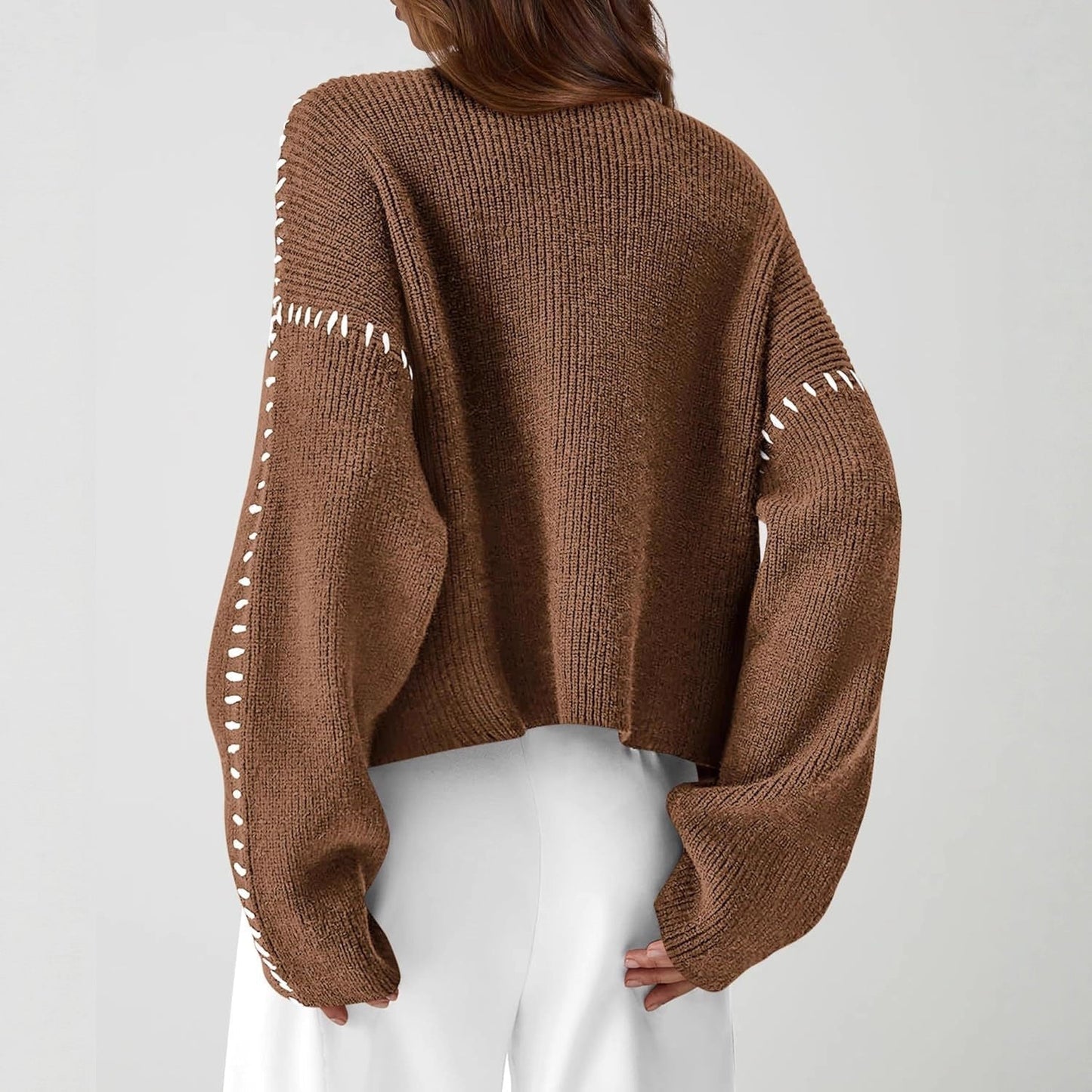 Oversized Mock Neck Sweater – Chunky Knit Whipstitch Trim