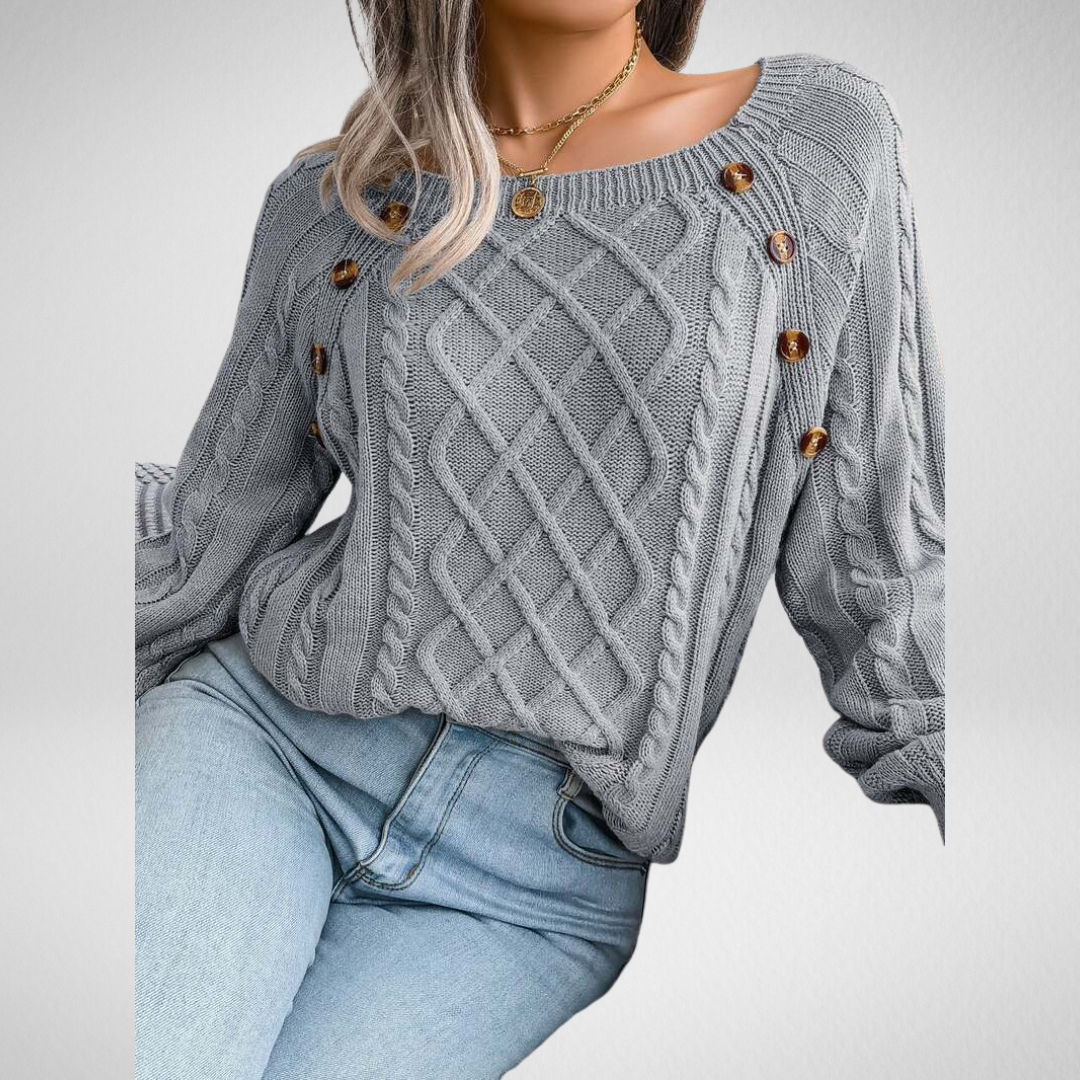 Cable Knit Sweater – Relaxed Fit Button Detail Round Neck Pullover