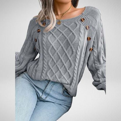 Cable Knit Sweater – Relaxed Fit Button Detail Round Neck Pullover