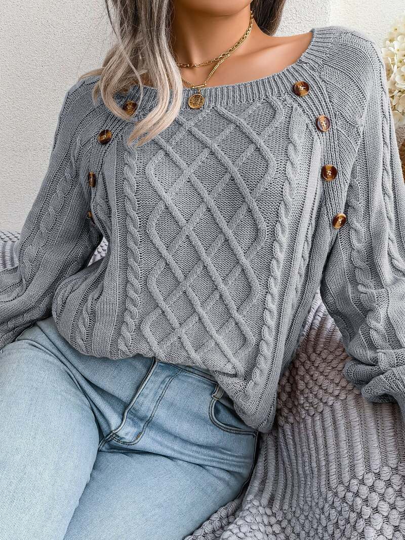 Cable Knit Sweater – Relaxed Fit Button Detail Round Neck Pullover