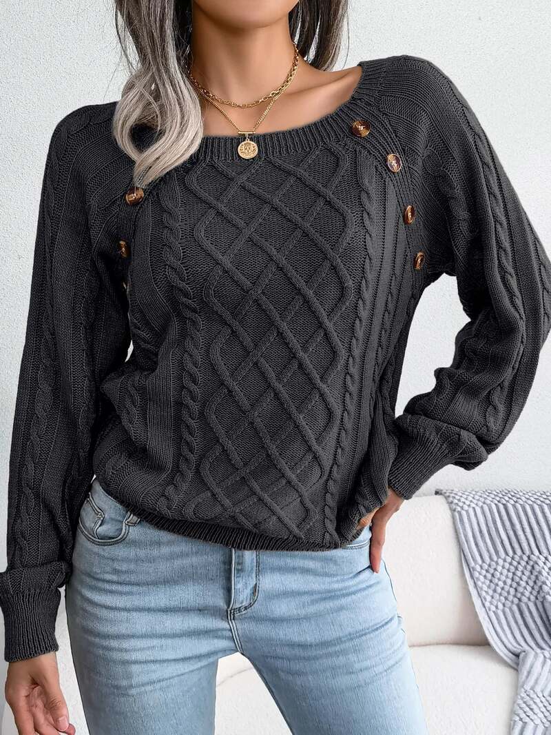 Cable Knit Sweater – Relaxed Fit Button Detail Round Neck Pullover