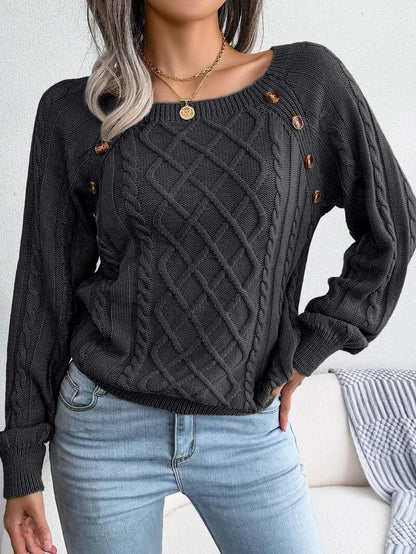 Cable Knit Sweater – Relaxed Fit Button Detail Round Neck Pullover