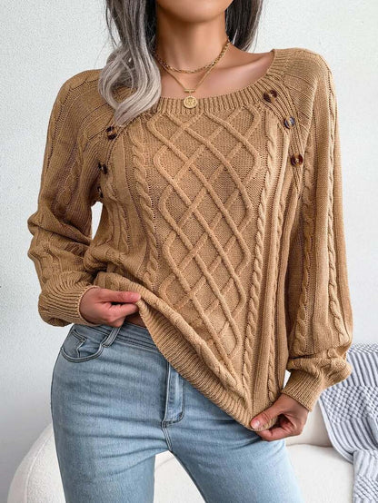 Cable Knit Sweater – Relaxed Fit Button Detail Round Neck Pullover