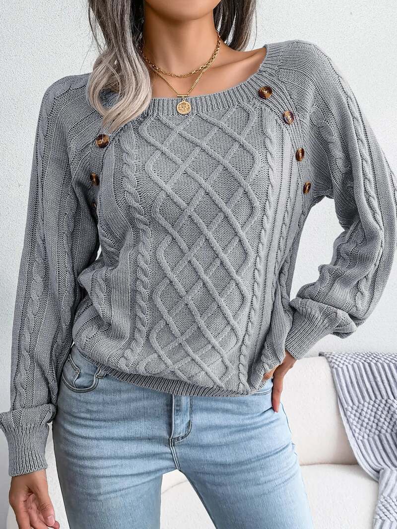 Cable Knit Sweater – Relaxed Fit Button Detail Round Neck Pullover