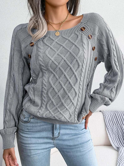Cable Knit Sweater – Relaxed Fit Button Detail Round Neck Pullover
