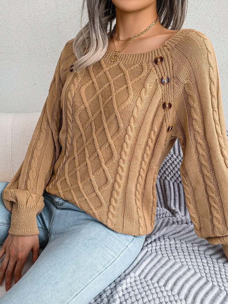 Cable Knit Sweater – Relaxed Fit Button Detail Round Neck Pullover