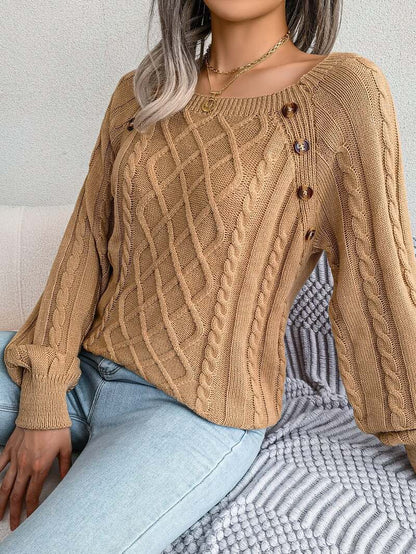 Cable Knit Sweater – Relaxed Fit Button Detail Round Neck Pullover