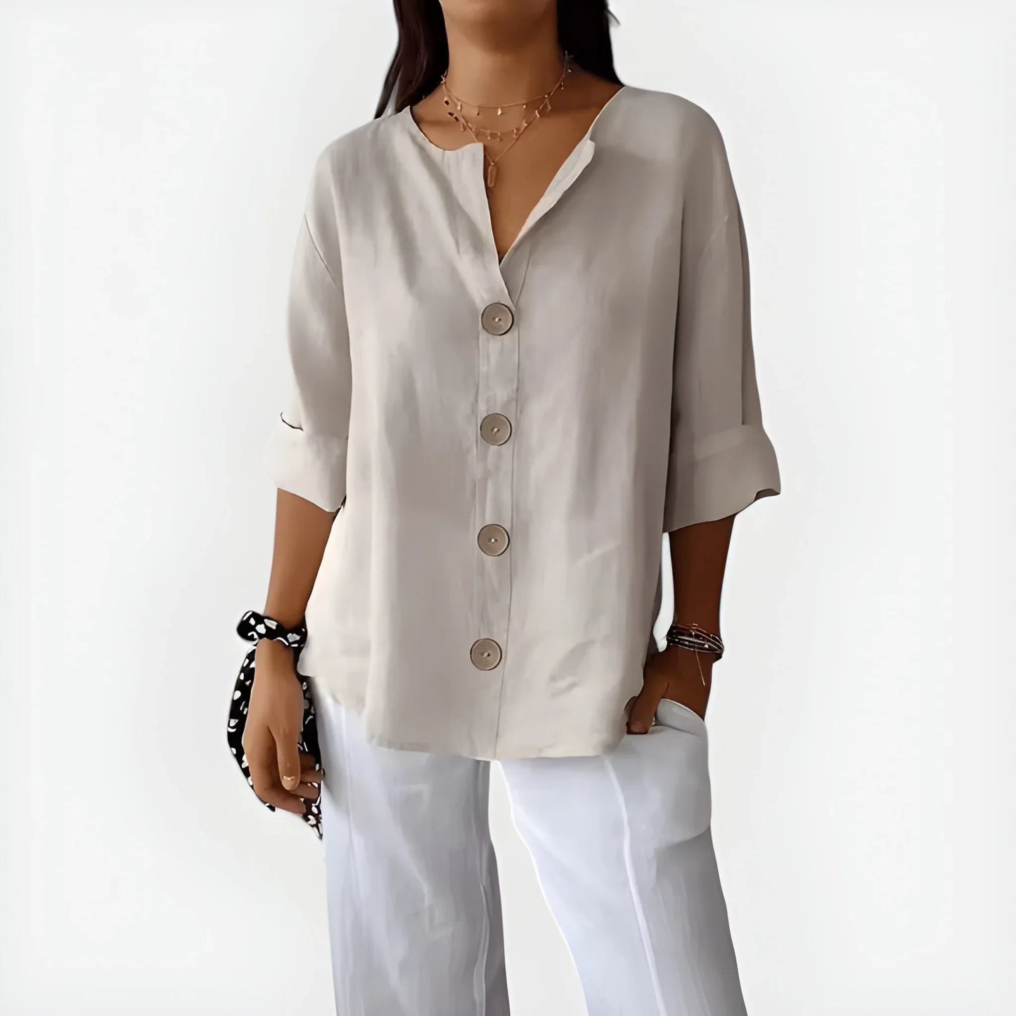 Women's V-Neck Button-Down Blouse – Loose Fit 3/4 Sleeve Summer Top