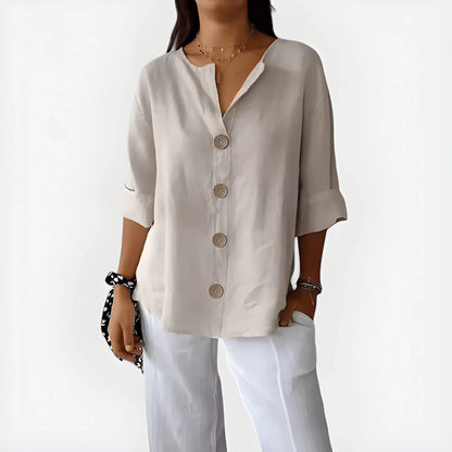 Women's V-Neck Button-Down Blouse – Loose Fit 3/4 Sleeve Summer Top
