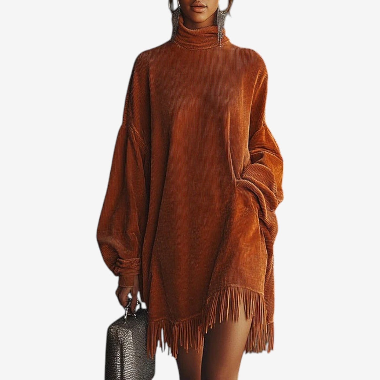 Ribbed Fringe Hem Sweater Dress – Oversized Turtleneck Mini