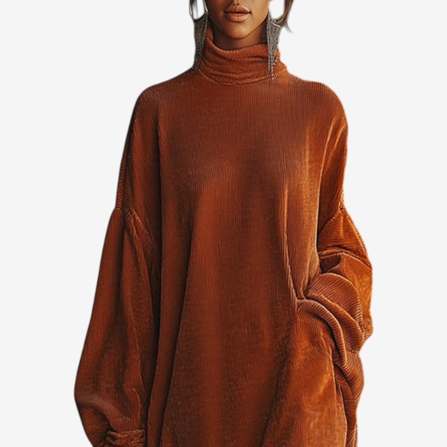 Ribbed Fringe Hem Sweater Dress – Oversized Turtleneck Mini