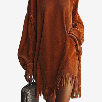 Ribbed Fringe Hem Sweater Dress – Oversized Turtleneck Mini