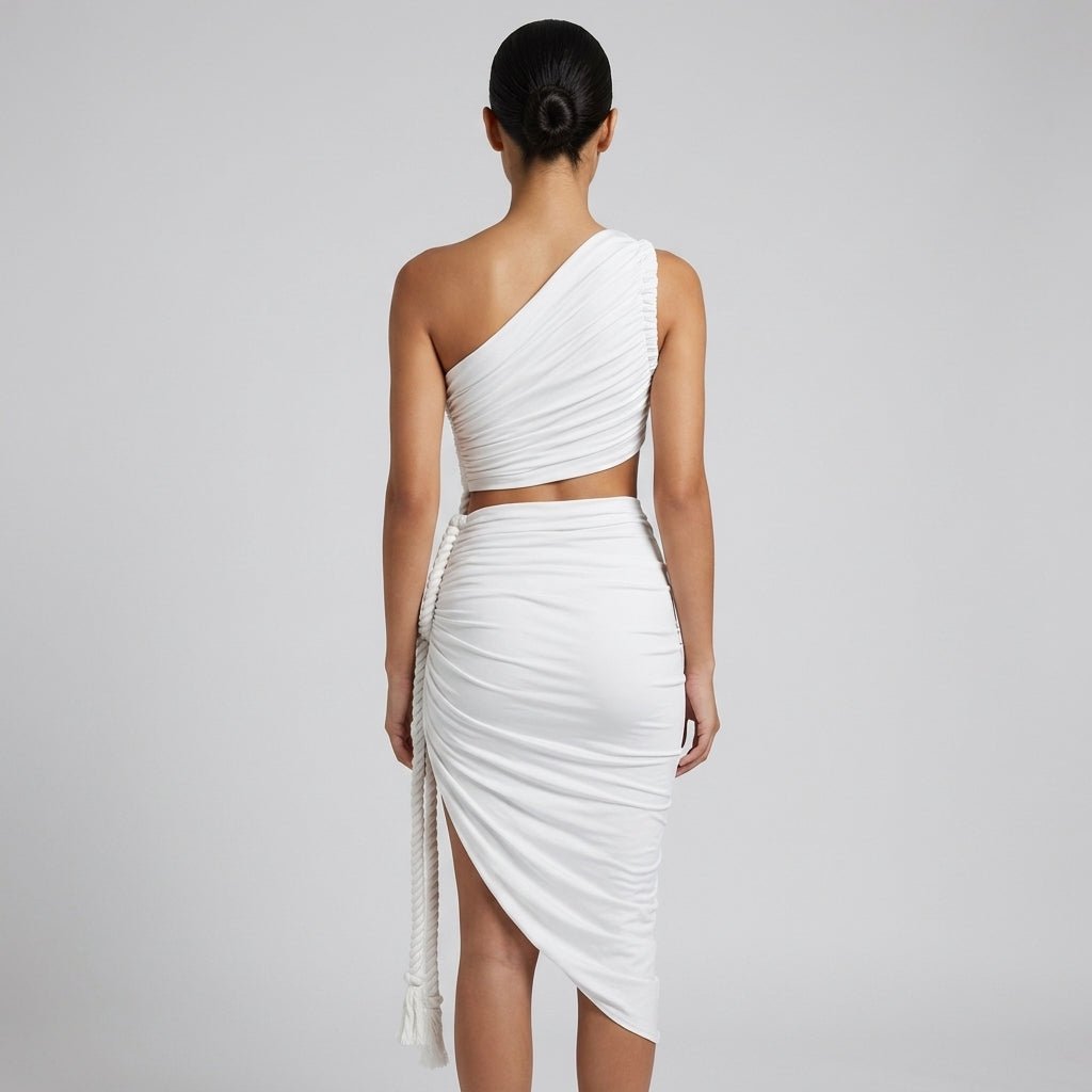 One Shoulder Ruched Maxi Dress – Cutout Waist Rope-Detail Jersey