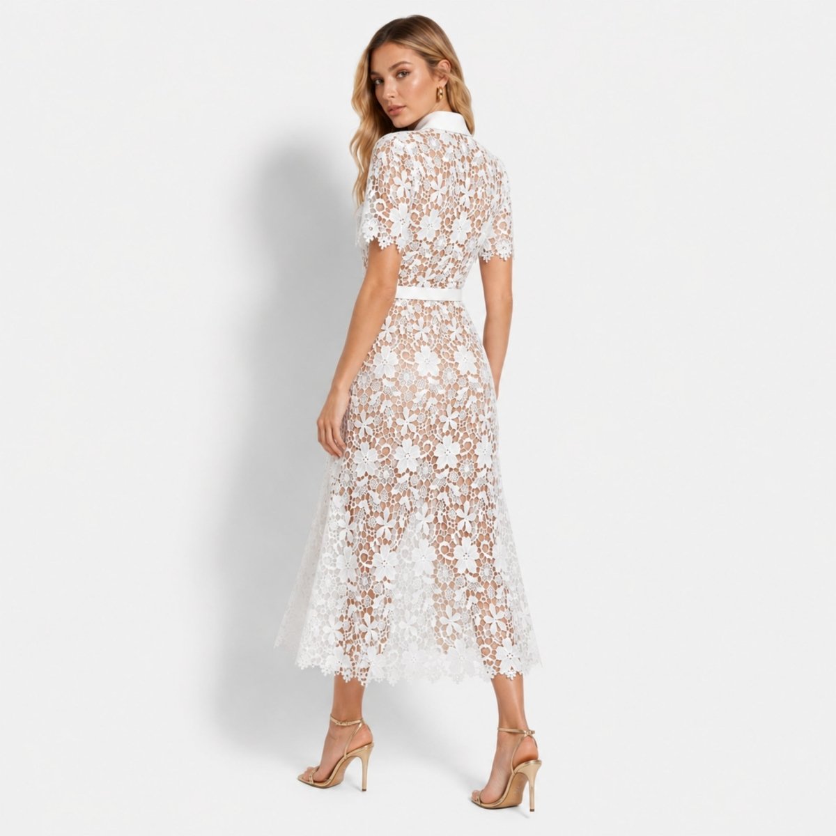 Floral Lace Midi Shirt Dress – Belted Button-Front Collared