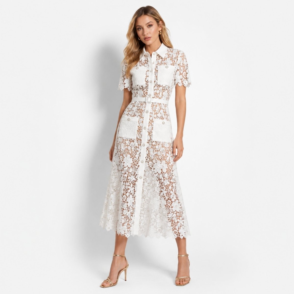 Floral Lace Midi Shirt Dress – Belted Button-Front Collared