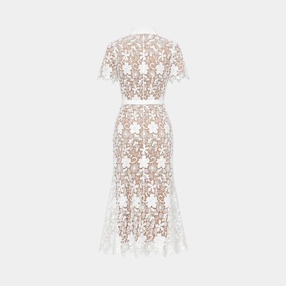 Floral Lace Midi Shirt Dress – Belted Button-Front Collared