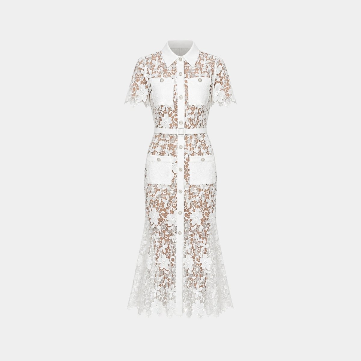 Floral Lace Midi Shirt Dress – Belted Button-Front Collared
