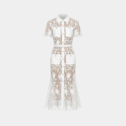 Floral Lace Midi Shirt Dress – Belted Button-Front Collared