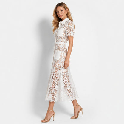 Floral Lace Midi Shirt Dress – Belted Button-Front Collared