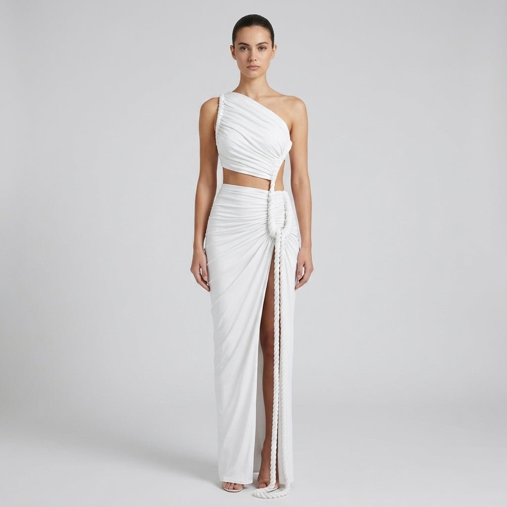 One Shoulder Ruched Maxi Dress – Cutout Waist Rope-Detail Jersey