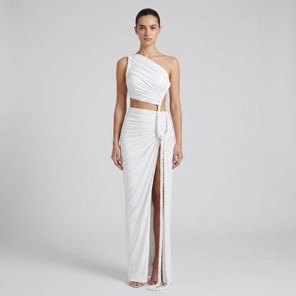 One Shoulder Ruched Maxi Dress – Cutout Waist Rope-Detail Jersey