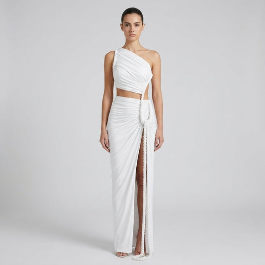 One Shoulder Ruched Maxi Dress – Cutout Waist Rope-Detail Jersey