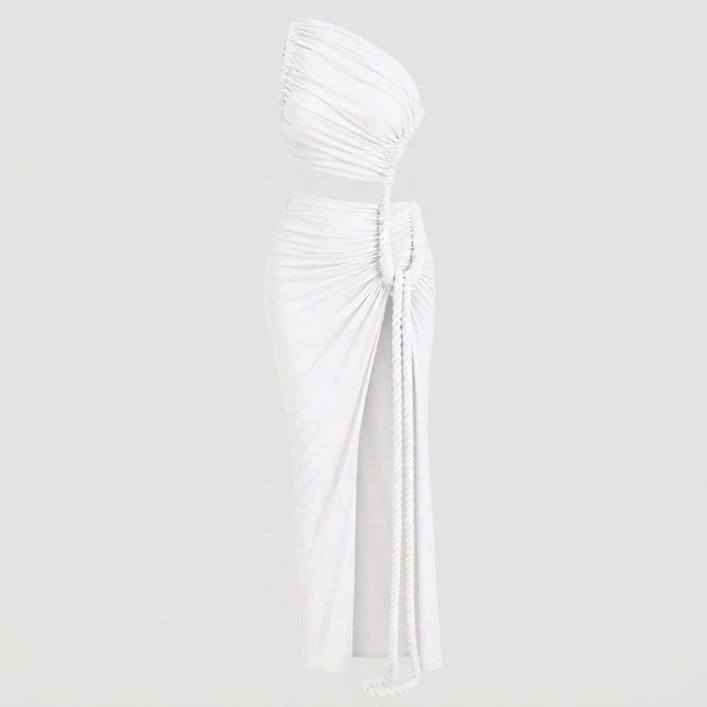 One Shoulder Ruched Maxi Dress – Cutout Waist Rope-Detail Jersey