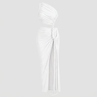 One Shoulder Ruched Maxi Dress – Cutout Waist Rope-Detail Jersey