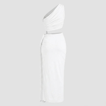One Shoulder Ruched Maxi Dress – Cutout Waist Rope-Detail Jersey