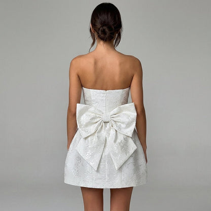 Jacquard Strapless Mini Dress – Bow Back A-Line Cocktail Dress