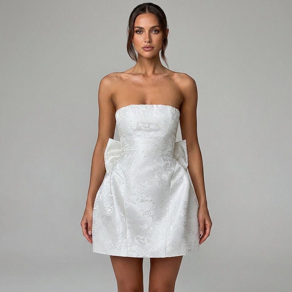 Jacquard Strapless Mini Dress – Bow Back A-Line Cocktail Dress