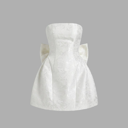 Jacquard Strapless Mini Dress – Bow Back A-Line Cocktail Dress
