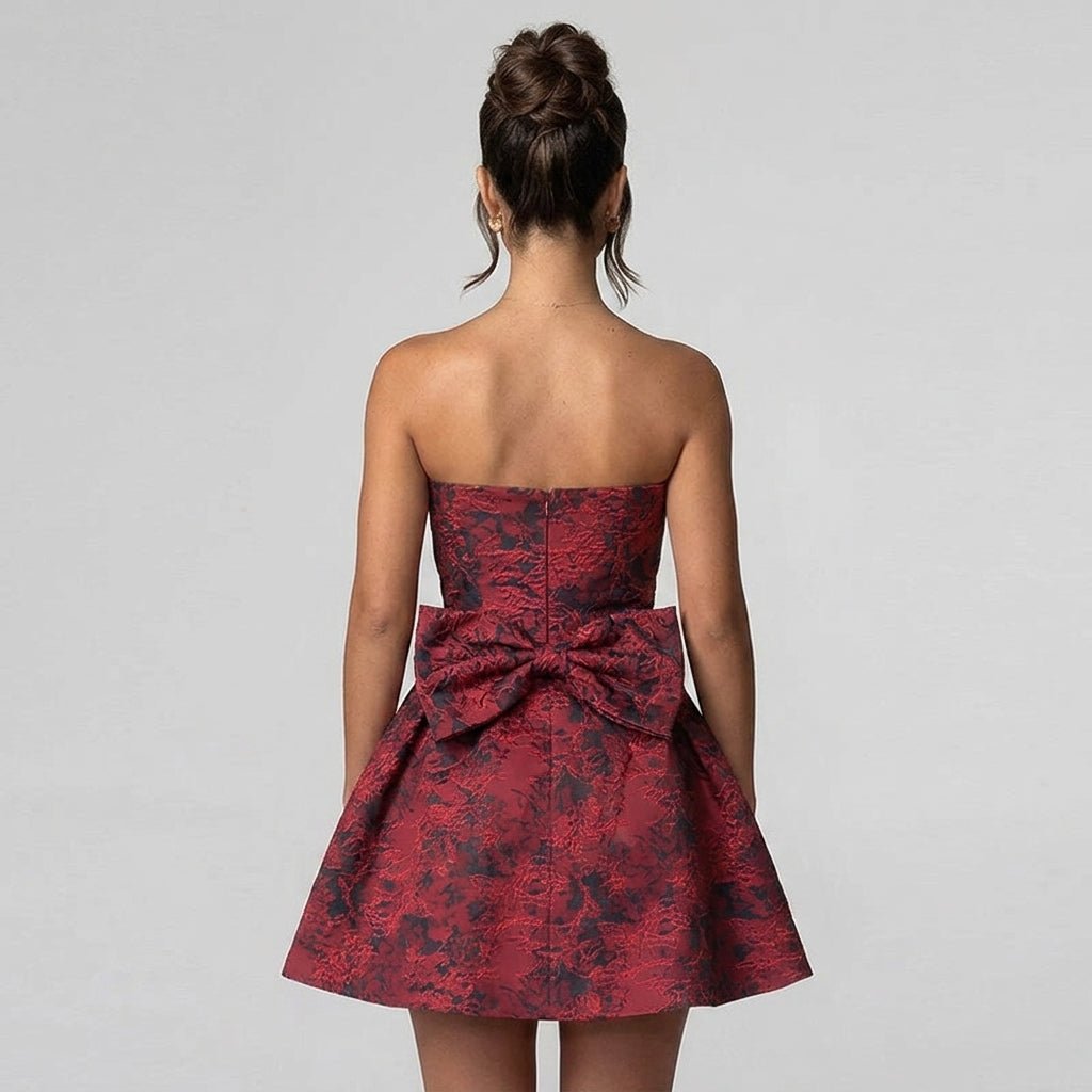 Jacquard Strapless Mini Dress – Bow Back A-Line Cocktail Dress