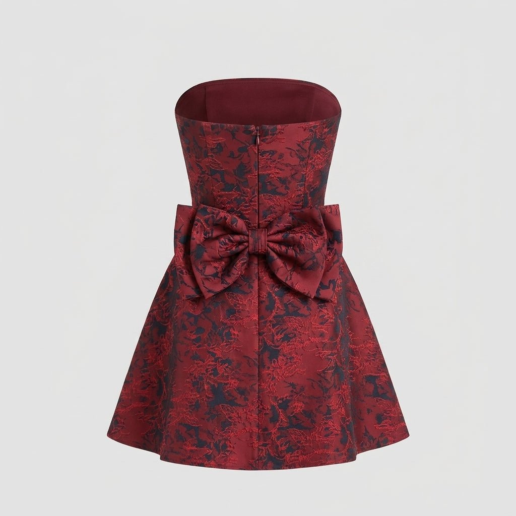 Jacquard Strapless Mini Dress – Bow Back A-Line Cocktail Dress