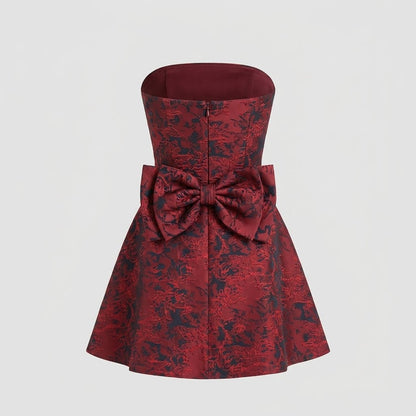 Jacquard Strapless Mini Dress – Bow Back A-Line Cocktail Dress