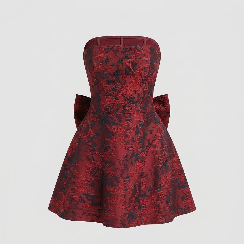 Jacquard Strapless Mini Dress – Bow Back A-Line Cocktail Dress