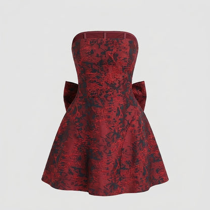 Jacquard Strapless Mini Dress – Bow Back A-Line Cocktail Dress