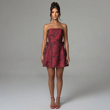 Jacquard Strapless Mini Dress – Bow Back A-Line Cocktail Dress