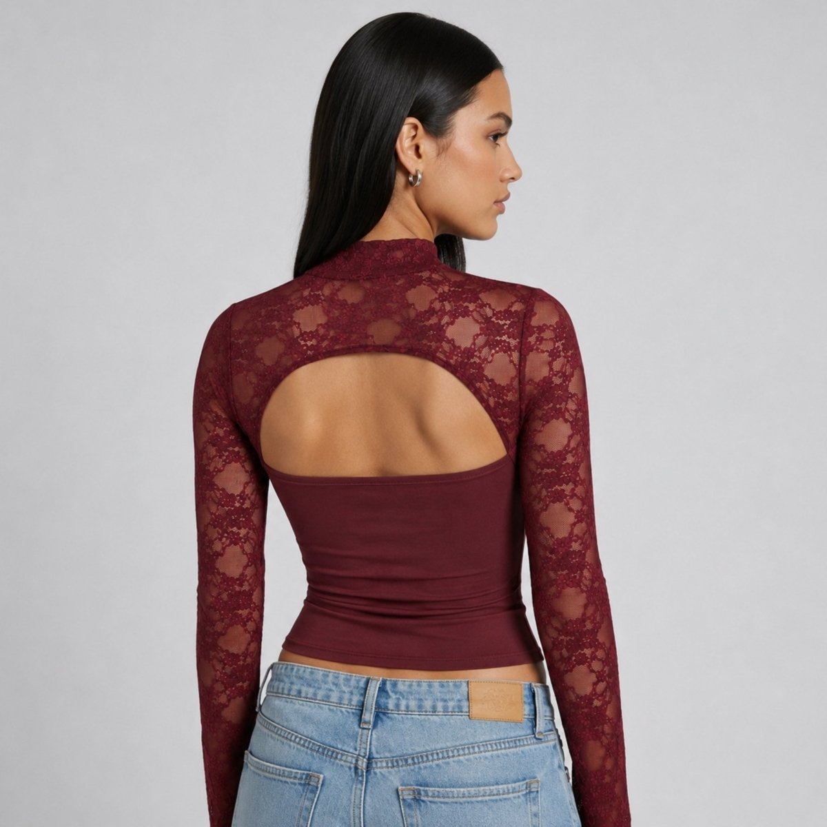 Lace Cutout Crop Top – Mock Neck Long Sleeve Going Out Top