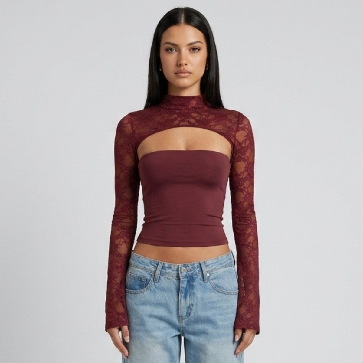 Lace Cutout Crop Top – Mock Neck Long Sleeve Going Out Top