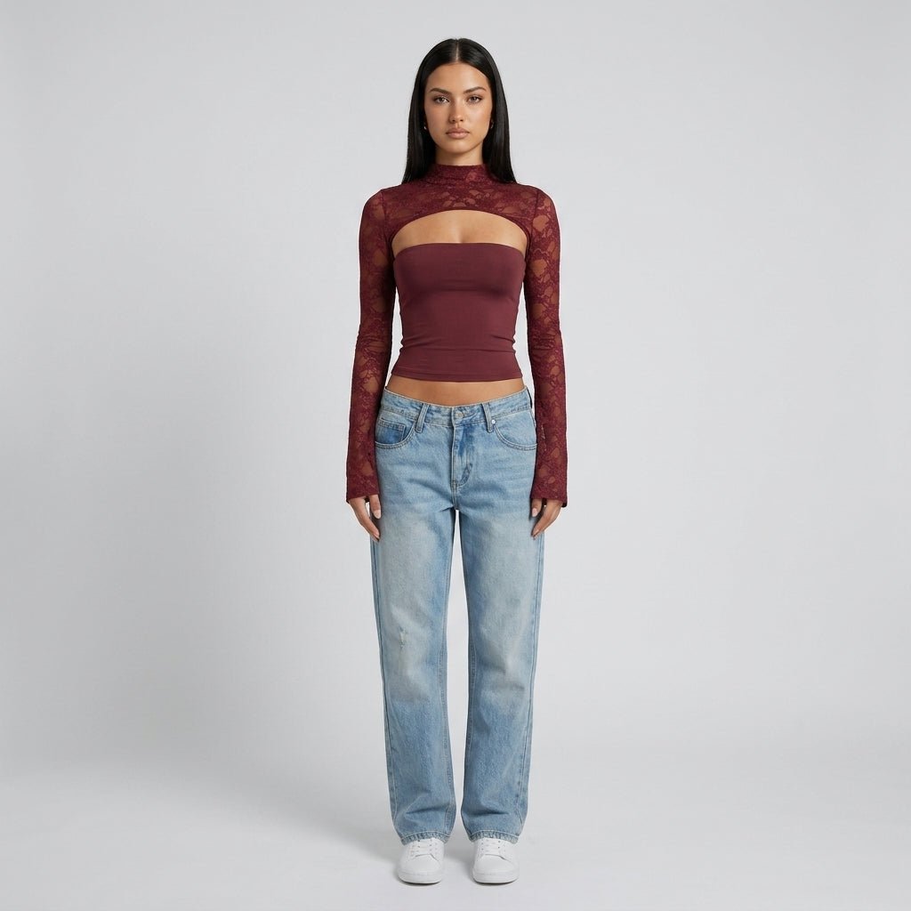 Lace Cutout Crop Top – Mock Neck Long Sleeve Going Out Top