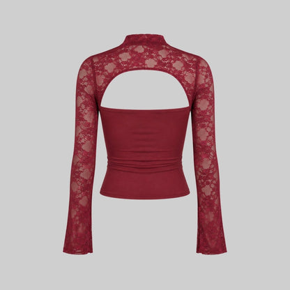 Lace Cutout Crop Top – Mock Neck Long Sleeve Going Out Top