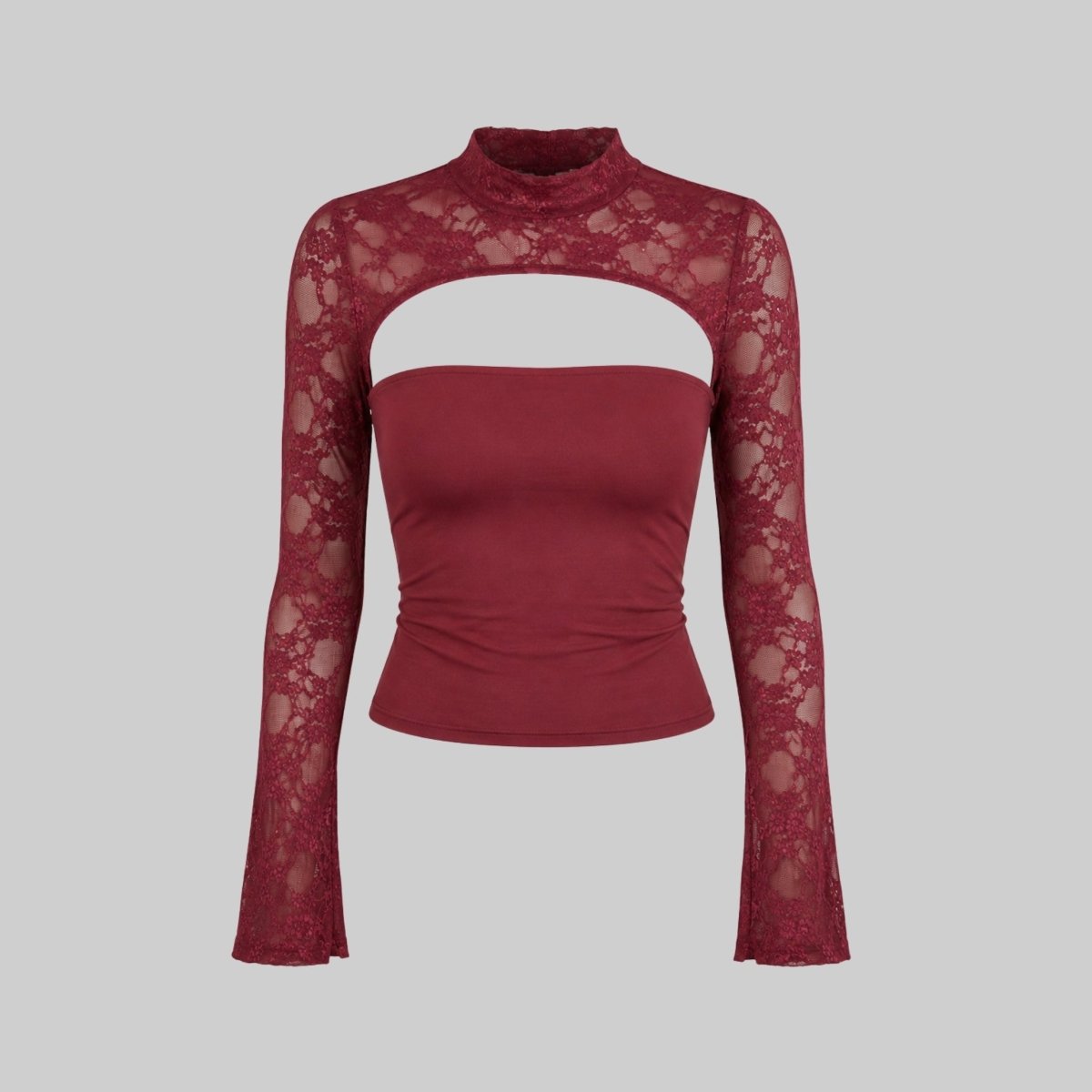 Lace Cutout Crop Top – Mock Neck Long Sleeve Going Out Top