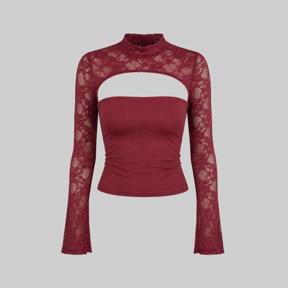 Lace Cutout Crop Top – Mock Neck Long Sleeve Going Out Top
