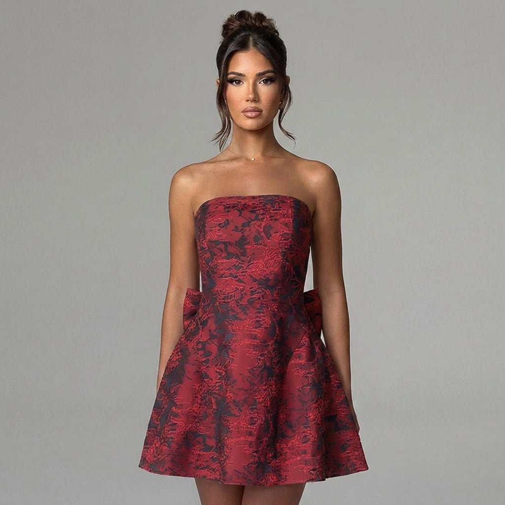 Jacquard Strapless Mini Dress – Bow Back A-Line Cocktail Dress