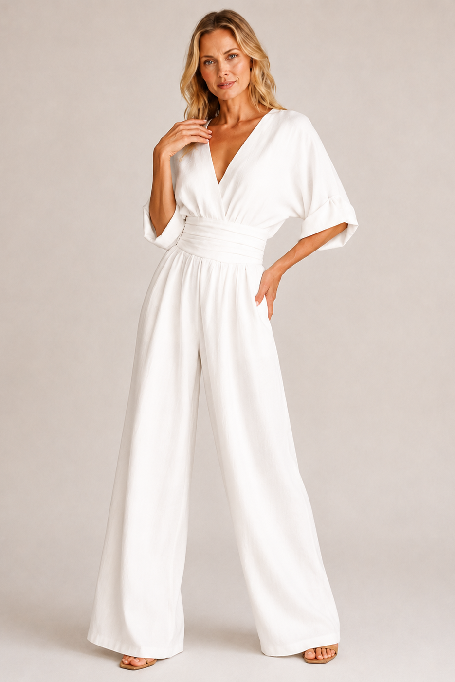 Wide-Leg Wrap Jumpsuit – V-Neck High-Waist Kimono Sleeve