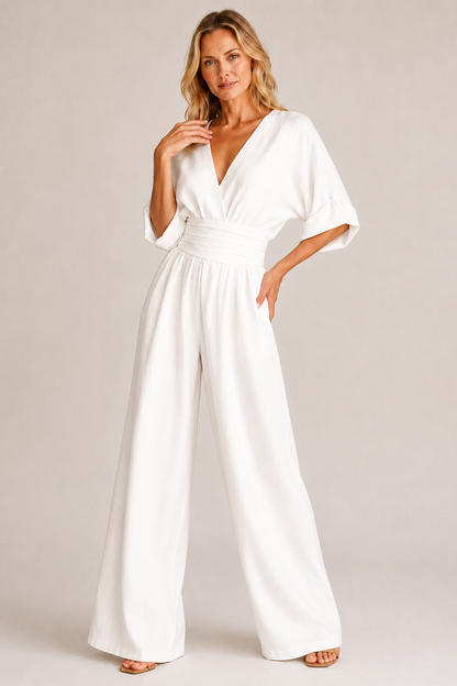 Wide-Leg Wrap Jumpsuit – V-Neck High-Waist Kimono Sleeve