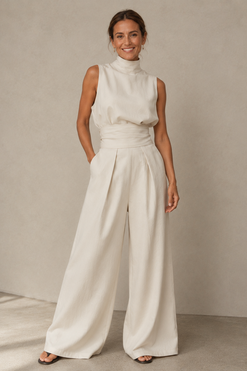 Wide-Leg Two-Piece Set – Sleeveless Mock Neck Top Pleated Trousers