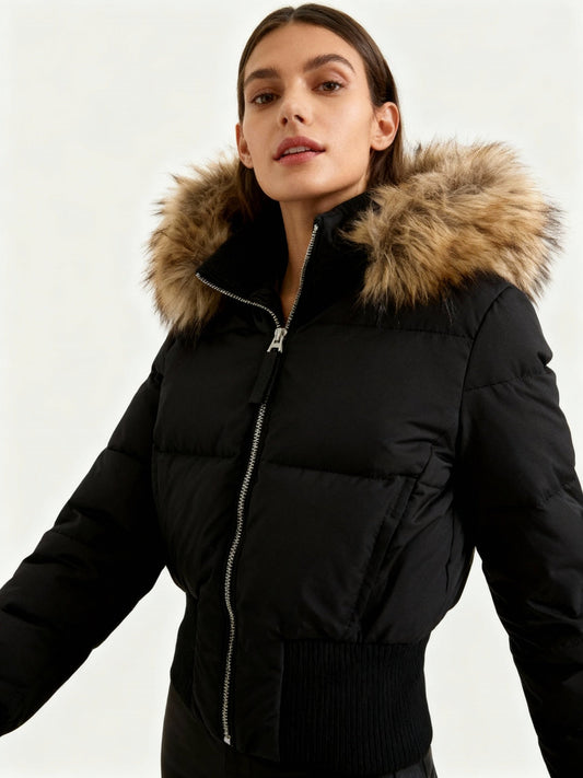 Quilted Puffer Bomber Jacket – Faux Fur Hood Slim Fit Winter